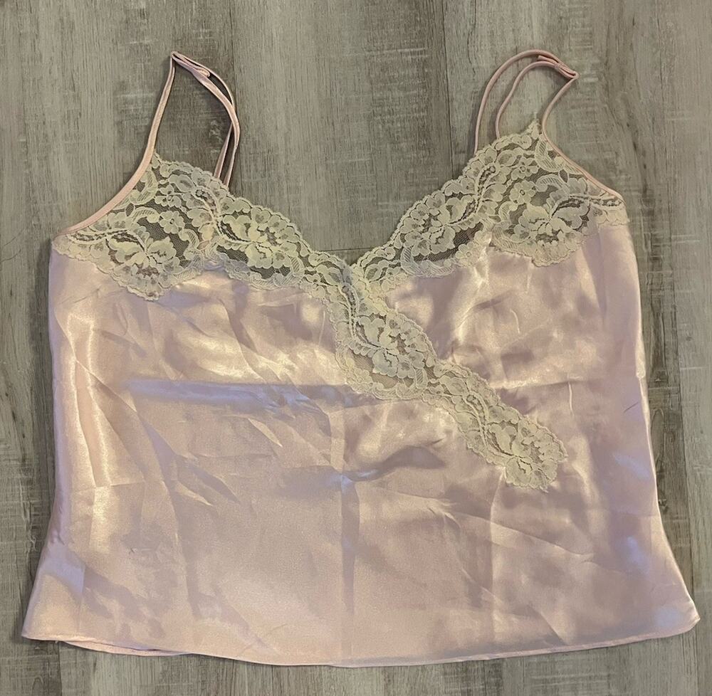 VTG 80s-90s Victorias Secret Cami Gold Label Pink Satin lace Babydoll Coquette S
